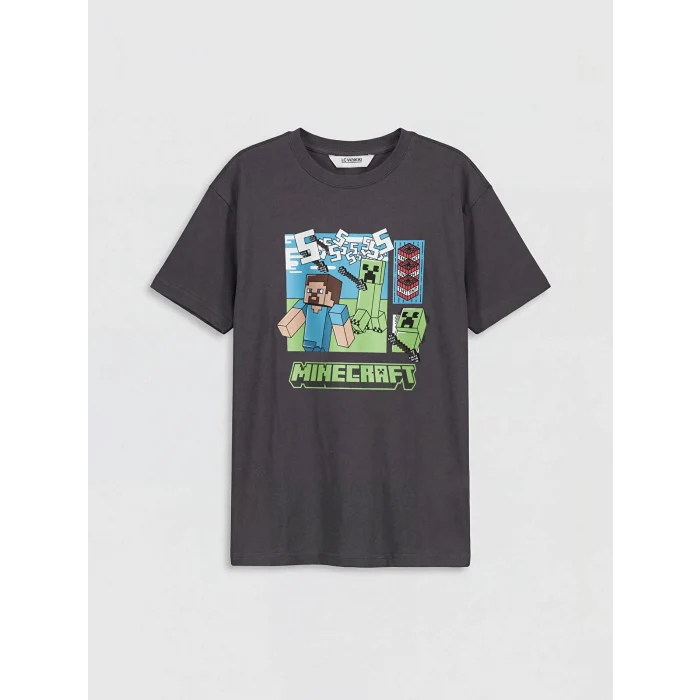 LCW Kids Antrasit Bisiklet Yaka Minecraft Baskılı Erkek Çocuk Tişört