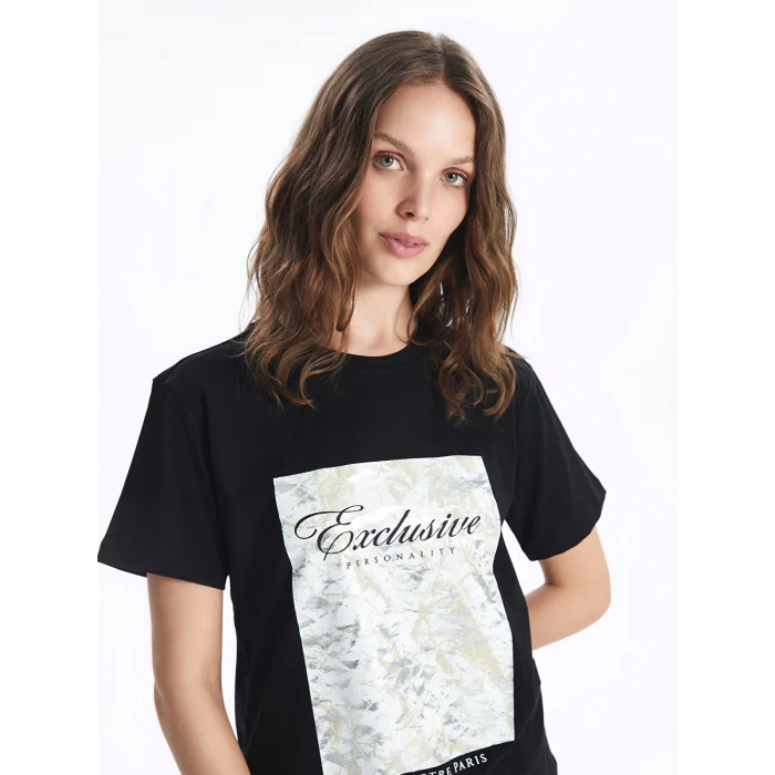 LCW Vision Siyah Bisiklet Yaka Baskılı Kısa Kollu Kadın Tişört