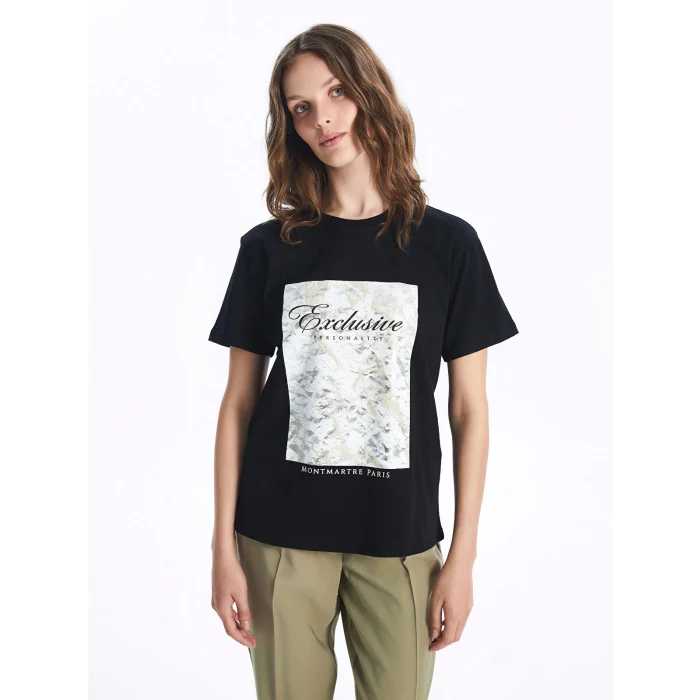 LCW Vision Siyah Bisiklet Yaka Baskılı Kısa Kollu Kadın Tişört