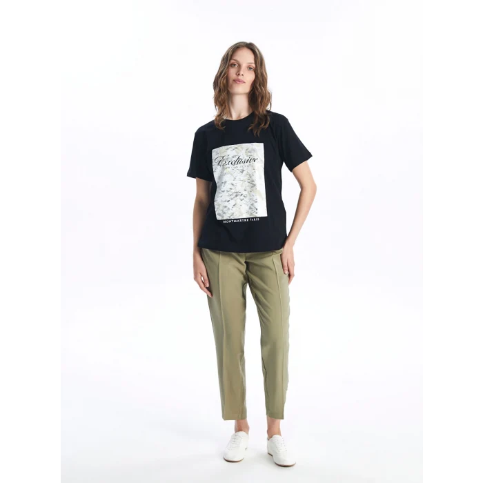 LCW Vision Siyah Bisiklet Yaka Baskılı Kısa Kollu Kadın Tişört