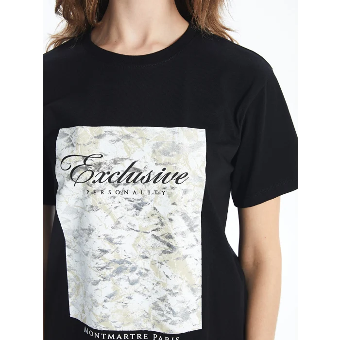 LCW Vision Siyah Bisiklet Yaka Baskılı Kısa Kollu Kadın Tişört