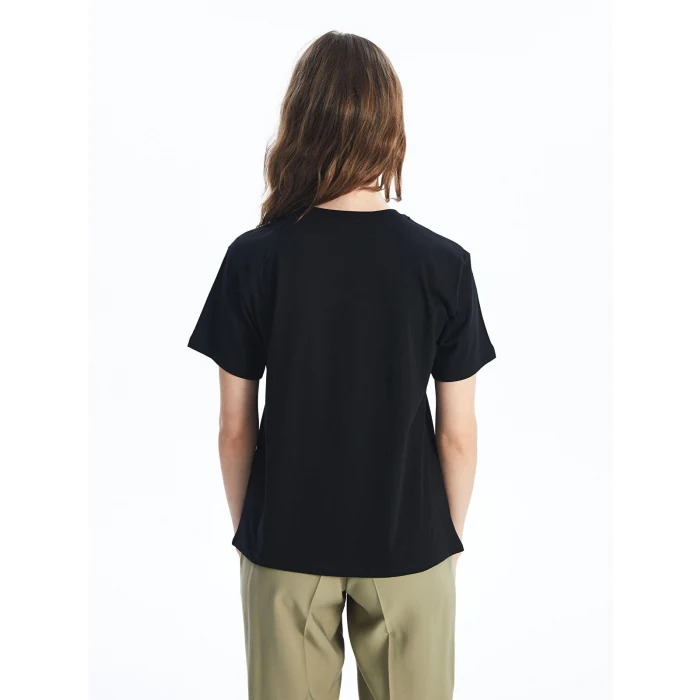 LCW Vision Siyah Bisiklet Yaka Baskılı Kısa Kollu Kadın Tişört