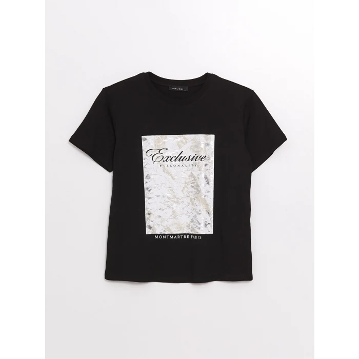 LCW Vision Siyah Bisiklet Yaka Baskılı Kısa Kollu Kadın Tişört