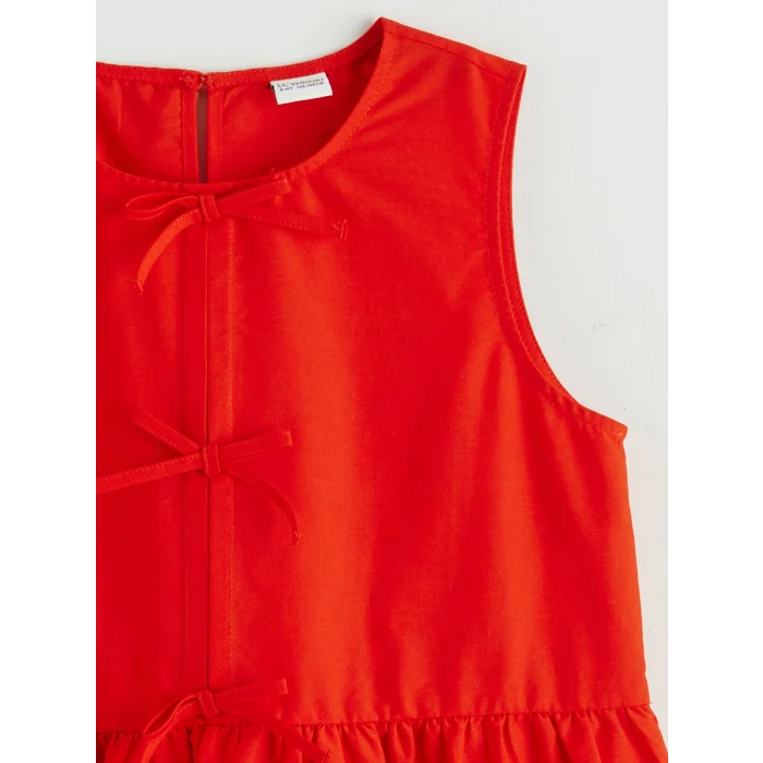 LCW Kids Kırmızı Bisiklet Yaka Fiyonk Detaylı Kız Çocuk Poplin Elbise