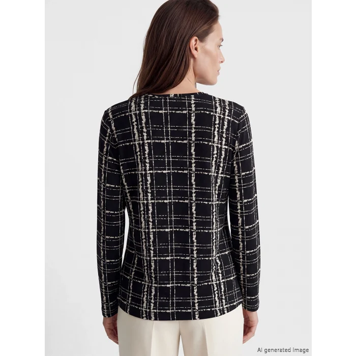 LCW Grace Siyah Bisiklet Yaka Desenli Bluz