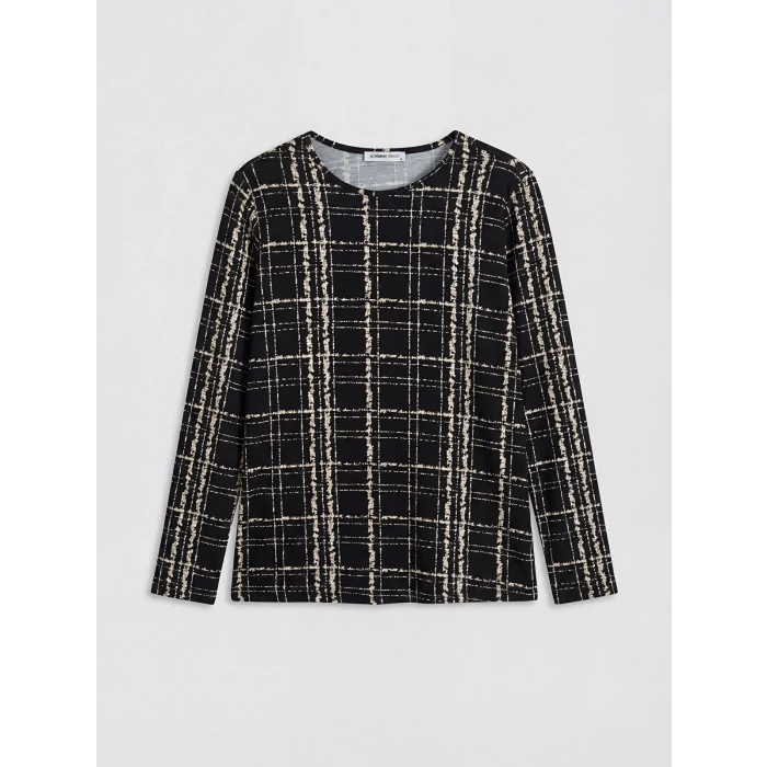 LCW Grace Siyah Bisiklet Yaka Desenli Bluz