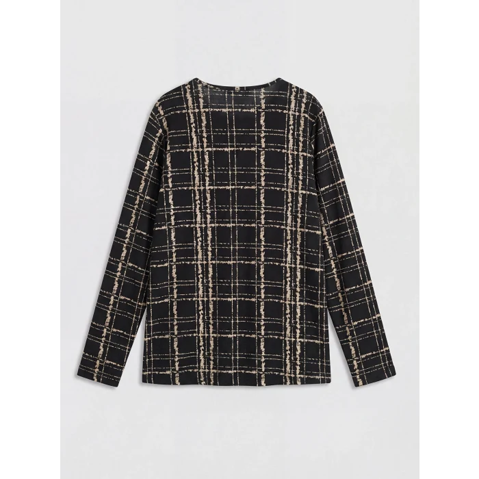 LCW Grace Siyah Bisiklet Yaka Desenli Bluz