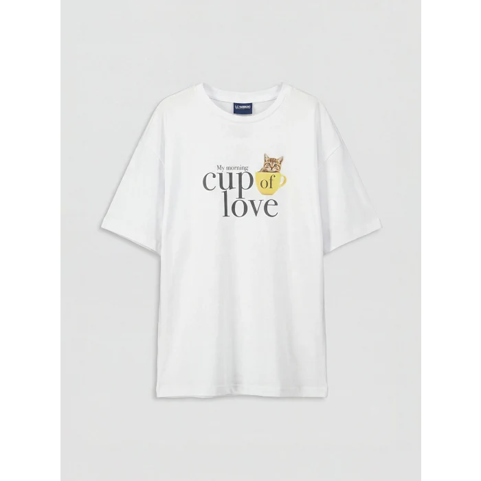 LCW Kids Beyaz Bisiklet Yaka Baskılı Kız Çocuk Tişört