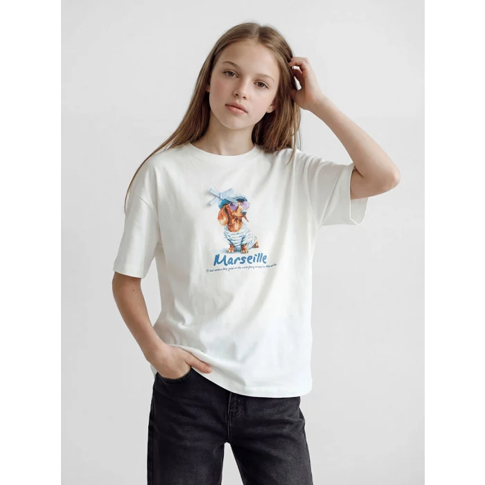 LCW Kids Ekru Bisiklet Yaka Baskılı Kız Çocuk Tişört