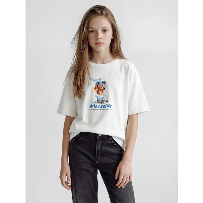 LCW Kids Ekru Bisiklet Yaka Baskılı Kız Çocuk Tişört