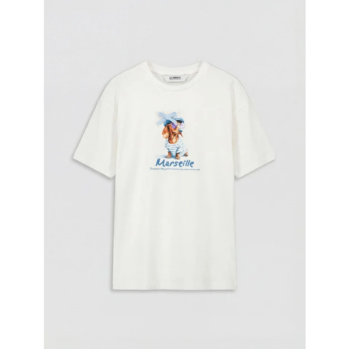 LCW Kids Ekru Bisiklet Yaka Baskılı Kız Çocuk Tişört