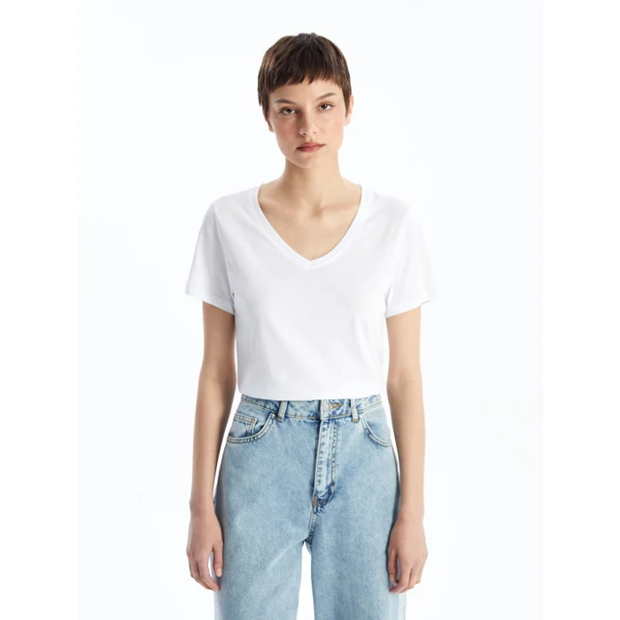 LCW Vision Beyaz V Yaka Düz Kısa Kollu Kadın Tişört