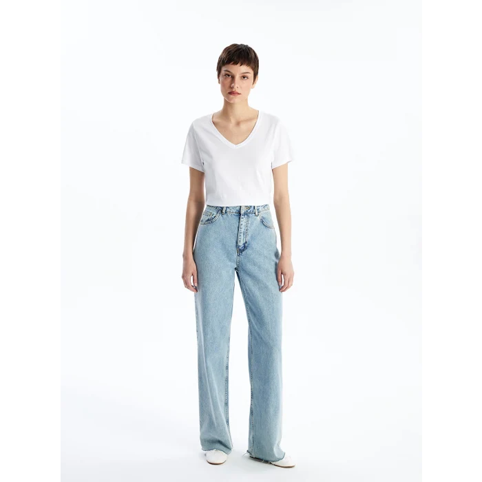 LCW Vision Beyaz V Yaka Düz Kısa Kollu Kadın Tişört