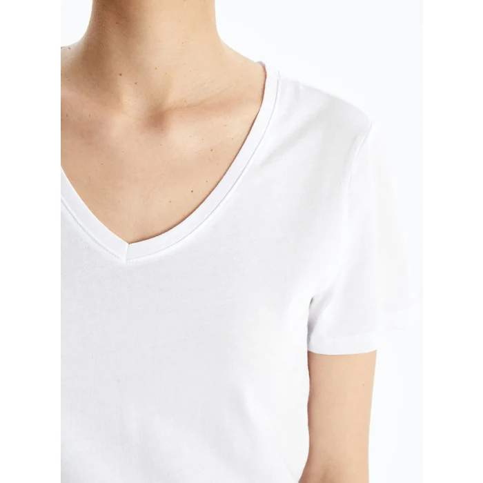 LCW Vision Beyaz V Yaka Düz Kısa Kollu Kadın Tişört