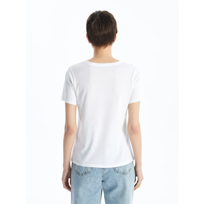 LCW Vision Beyaz V Yaka Düz Kısa Kollu Kadın Tişört