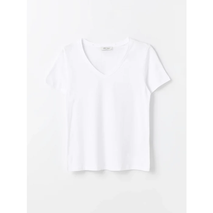 LCW Vision Beyaz V Yaka Düz Kısa Kollu Kadın Tişört