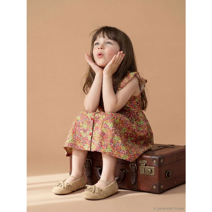 LCW Kids Ekru Fırfırlı Çiçek Desenli Kız Çocuk Elbise