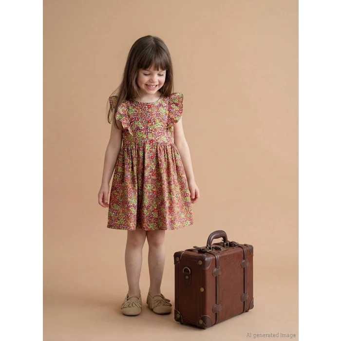 LCW Kids Ekru Fırfırlı Çiçek Desenli Kız Çocuk Elbise