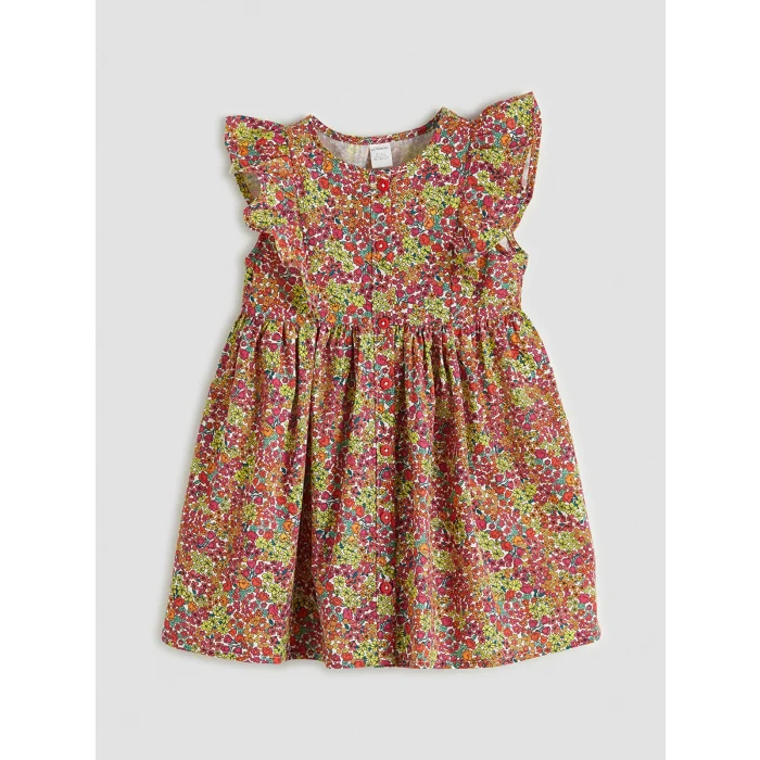 LCW Kids Ekru Fırfırlı Çiçek Desenli Kız Çocuk Elbise