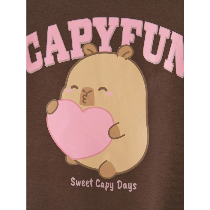 LCW Kids Kahverengi Capyfun Baskılı Kız Çocuk Tişört ve Eşofman Alt