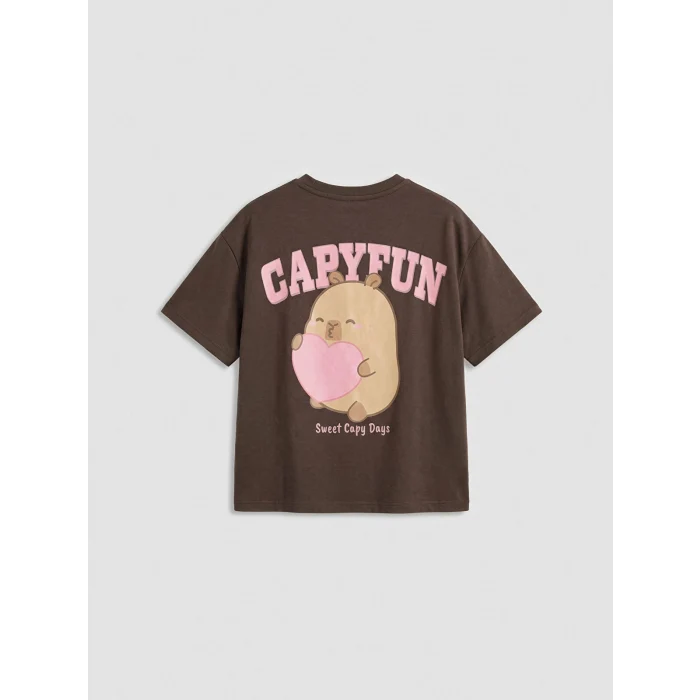 LCW Kids Kahverengi Capyfun Baskılı Kız Çocuk Tişört ve Eşofman Alt