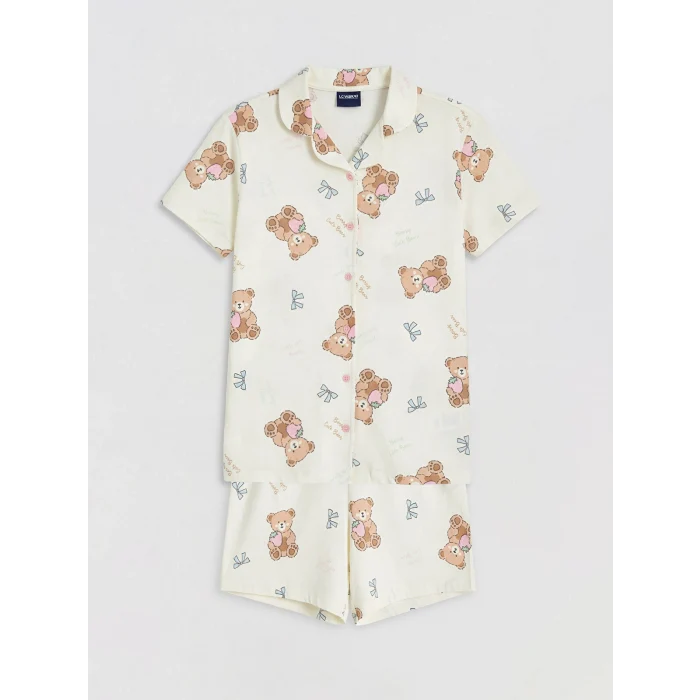 LCW Kids Ekru Gömlek Yaka Baskılı Kız Çocuk Şortlu Pijama Takım