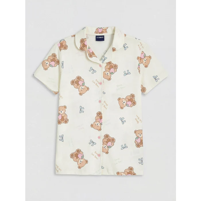 LCW Kids Ekru Gömlek Yaka Baskılı Kız Çocuk Şortlu Pijama Takım