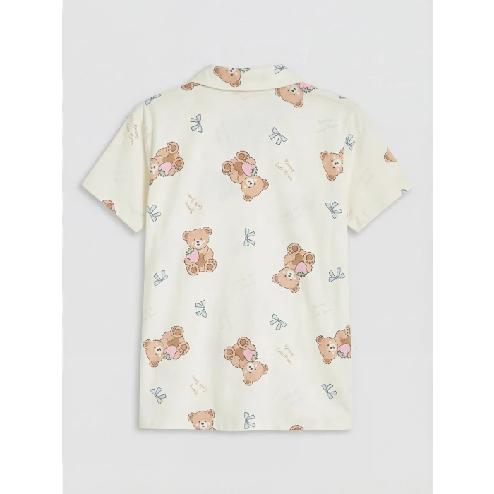 LCW Kids Ekru Gömlek Yaka Baskılı Kız Çocuk Şortlu Pijama Takım