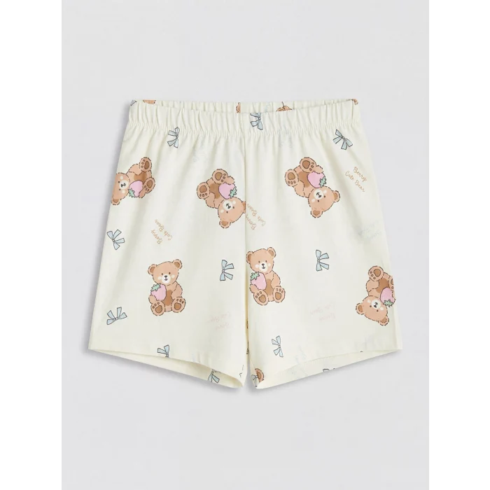 LCW Kids Ekru Gömlek Yaka Baskılı Kız Çocuk Şortlu Pijama Takım