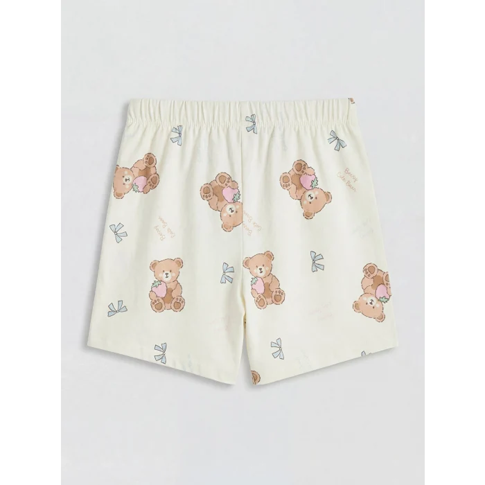 LCW Kids Ekru Gömlek Yaka Baskılı Kız Çocuk Şortlu Pijama Takım