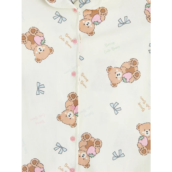 LCW Kids Ekru Gömlek Yaka Baskılı Kız Çocuk Şortlu Pijama Takım