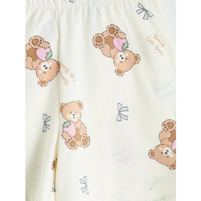 LCW Kids Ekru Gömlek Yaka Baskılı Kız Çocuk Şortlu Pijama Takım