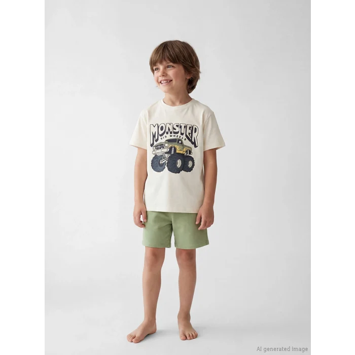 LCW Kids Bej Erkek Çocuk Baskılı Tişört Ve Şort Takım