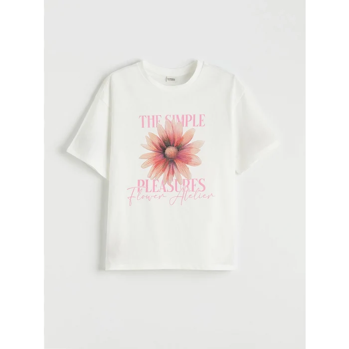 LCW Kids Ekru Baskılı Bisiklet Yaka Kız Çocuk Tişört