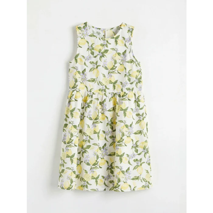 LCW Kids Ekru Bisiklet Yaka Baskılı Kız Çocuk Poplin Elbise