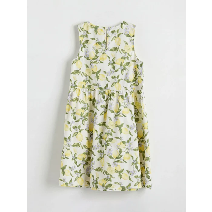 LCW Kids Ekru Bisiklet Yaka Baskılı Kız Çocuk Poplin Elbise