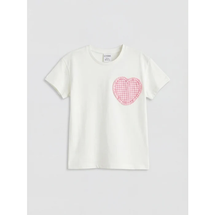 LCW Kids Ekru Bisiklet Yaka Kalp Detaylı Kız Çocuk Tişört