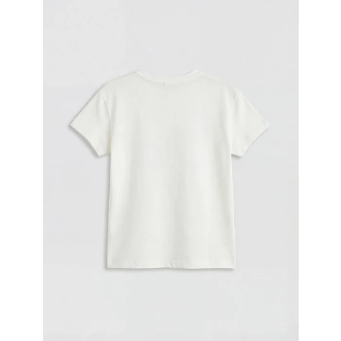 LCW Kids Ekru Bisiklet Yaka Kalp Detaylı Kız Çocuk Tişört