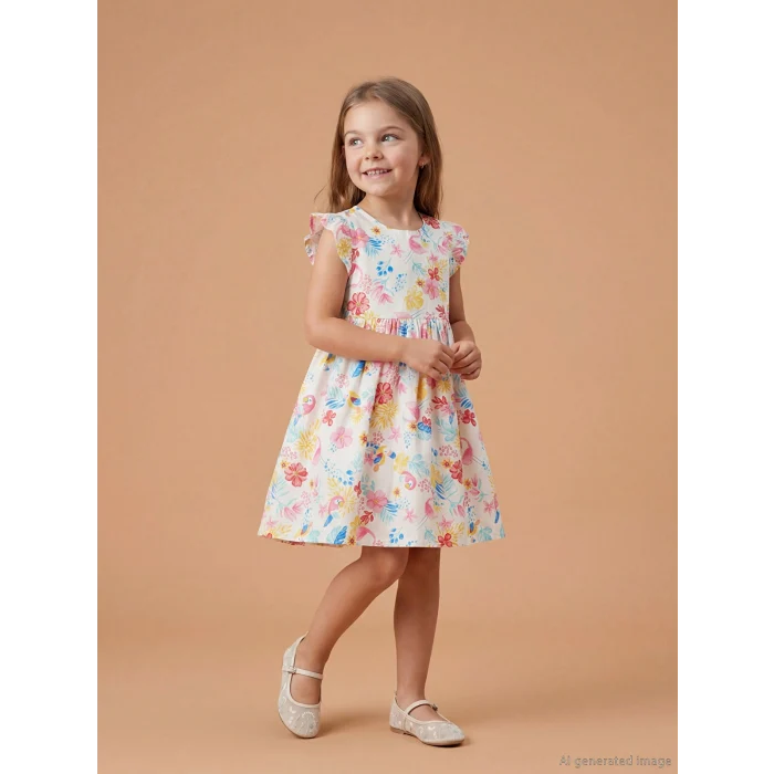 LCW Kids Ekru Bisiklet Yaka Çiçekli Kız Çocuk Elbise