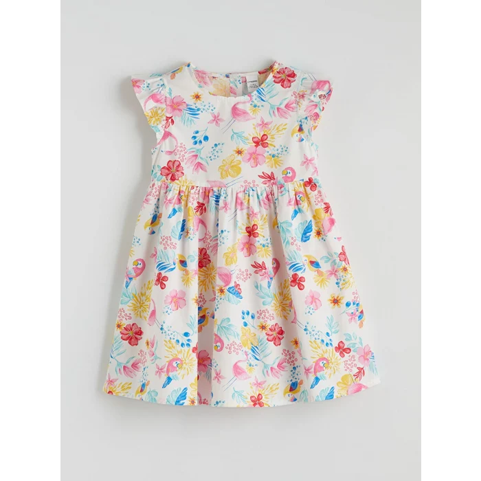LCW Kids Ekru Bisiklet Yaka Çiçekli Kız Çocuk Elbise