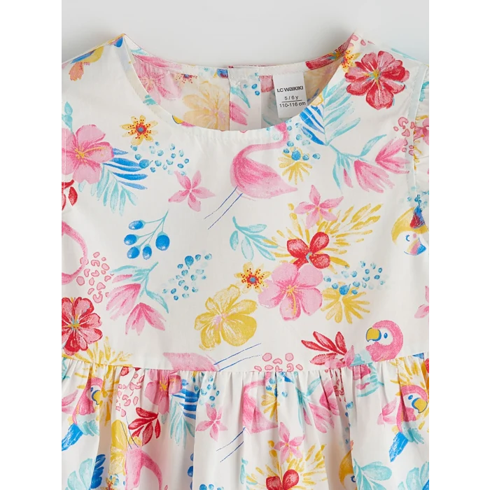 LCW Kids Ekru Bisiklet Yaka Çiçekli Kız Çocuk Elbise