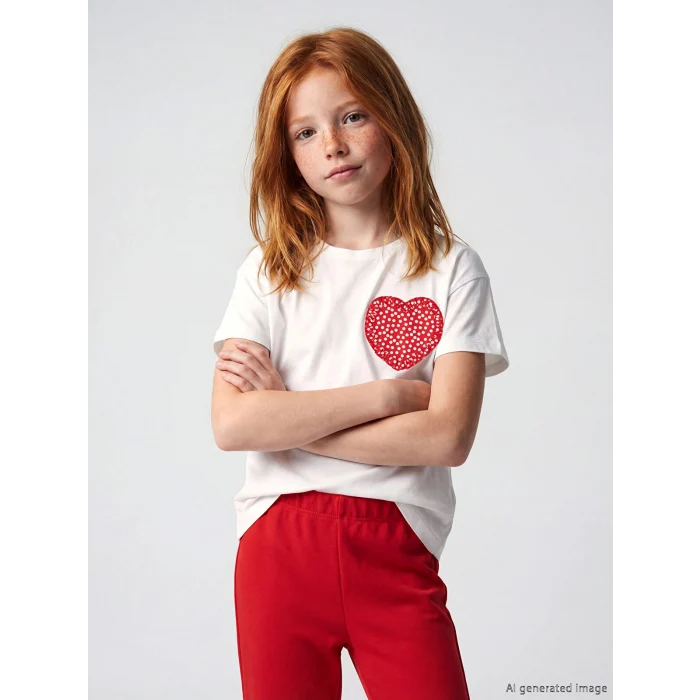 LCW Kids Ekru Bisiklet Yaka Kalp Nakışlı Kız Çocuk Tişört