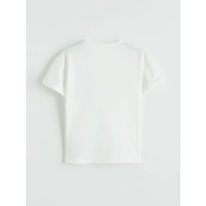 LCW Kids Ekru Bisiklet Yaka Kalp Nakışlı Kız Çocuk Tişört