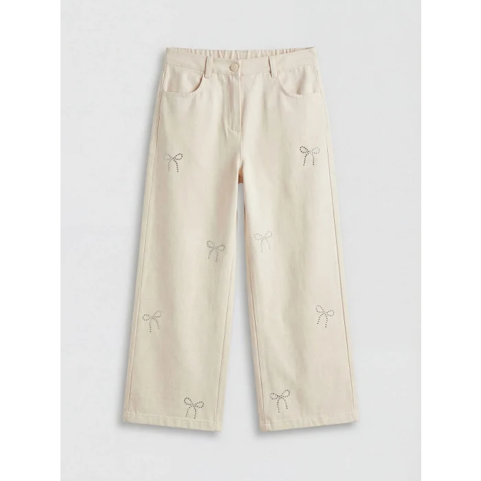 LCW Kids Ekru Kız Çocuk Taş İşlemeli Gabardin Pantolon