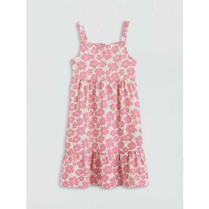 LCW Kids Pembe Kare Yaka Çiçekli Kız Çocuk Poplin Elbise