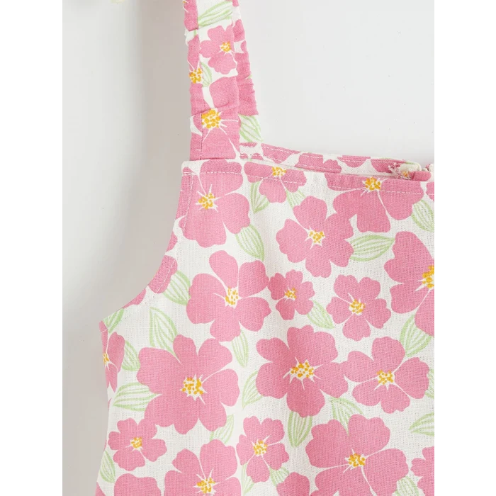 LCW Kids Pembe Kare Yaka Çiçekli Kız Çocuk Poplin Elbise