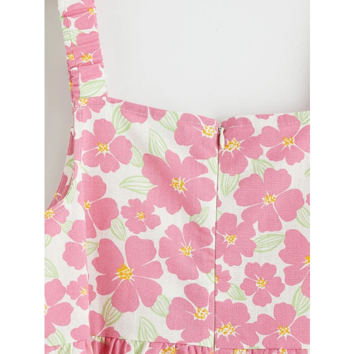 LCW Kids Pembe Kare Yaka Çiçekli Kız Çocuk Poplin Elbise