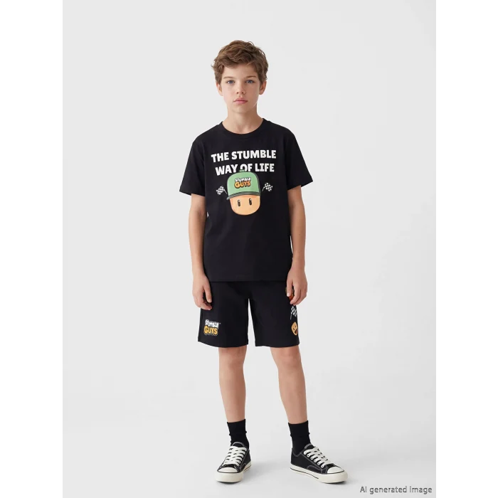 LCW Kids Siyah Beli Lastikli Erkek Çocuk Stumble Guys Baskılı Şort