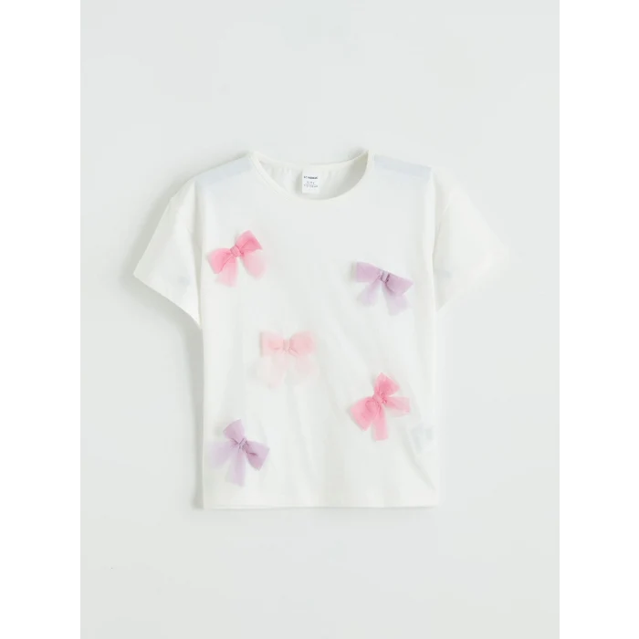 LCW Kids Ekru Kurdele Nakışlı Kız Çocuk Tişört