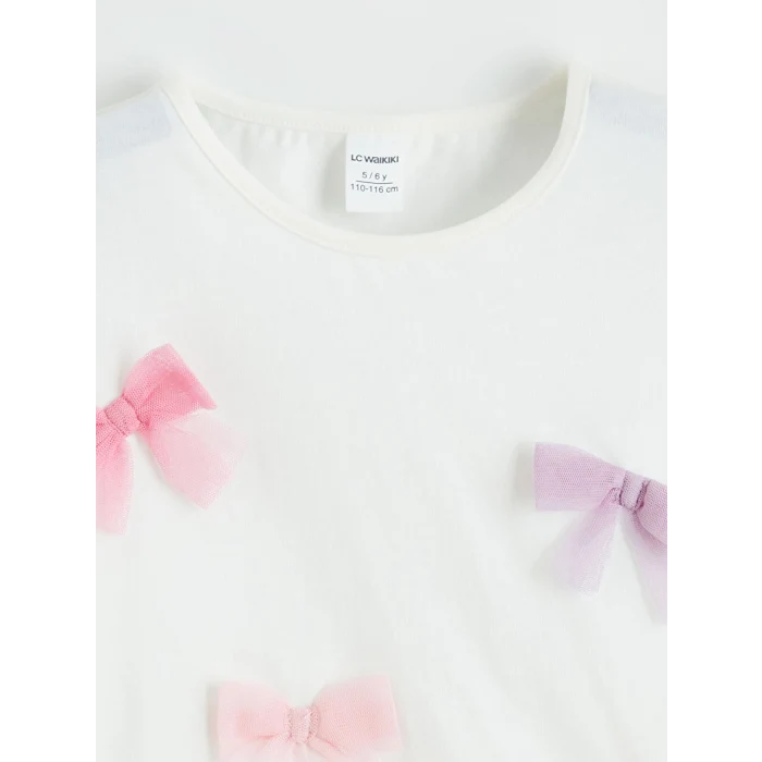 LCW Kids Ekru Kurdele Nakışlı Kız Çocuk Tişört